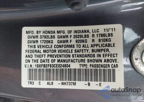 2012 Honda Civic Ex z USA, uszkodzony, nr VIN 19XFB2F83CE024804